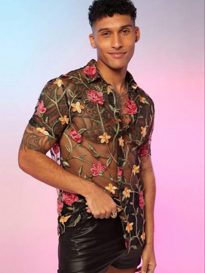 Streak Hawk Men's Woven Floral Embroidery Button Down Casual Sexy Shirt